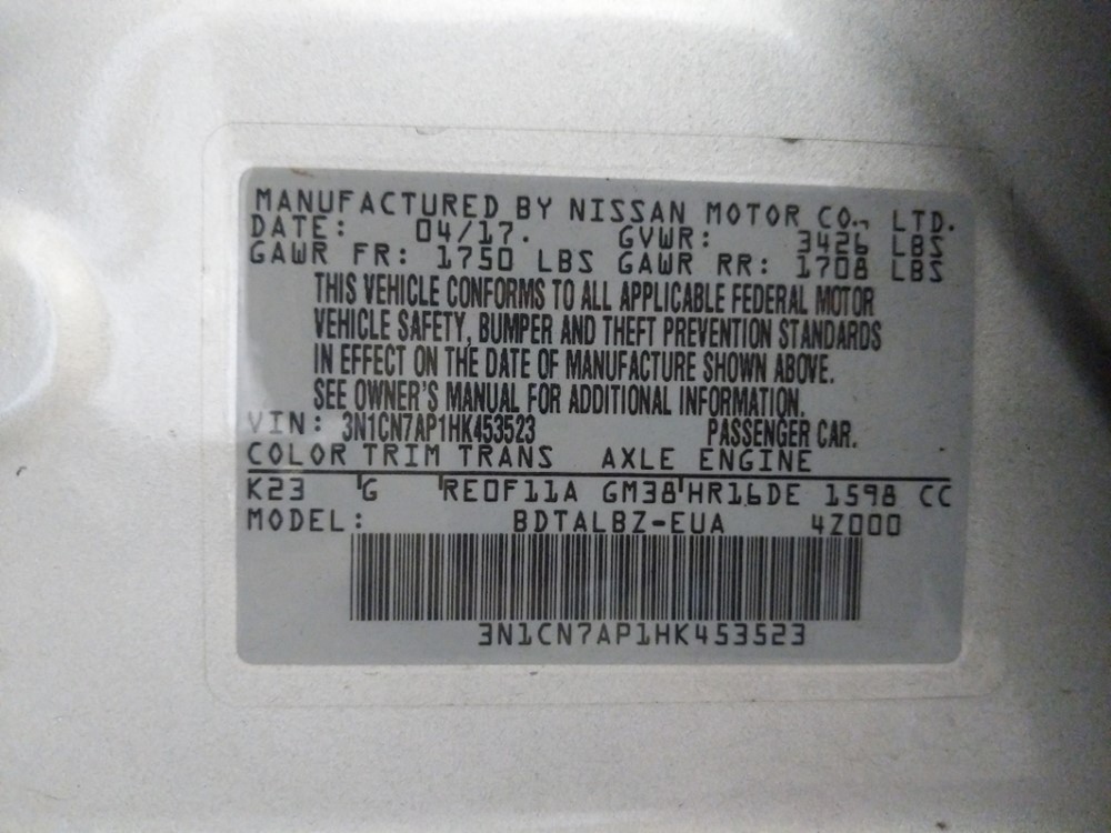 2017 Nissan Versa - VIN Plate