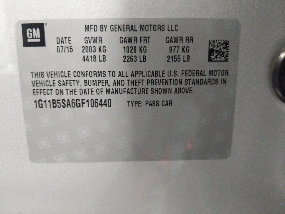 2016 Chevrolet Malibu - VIN Plate