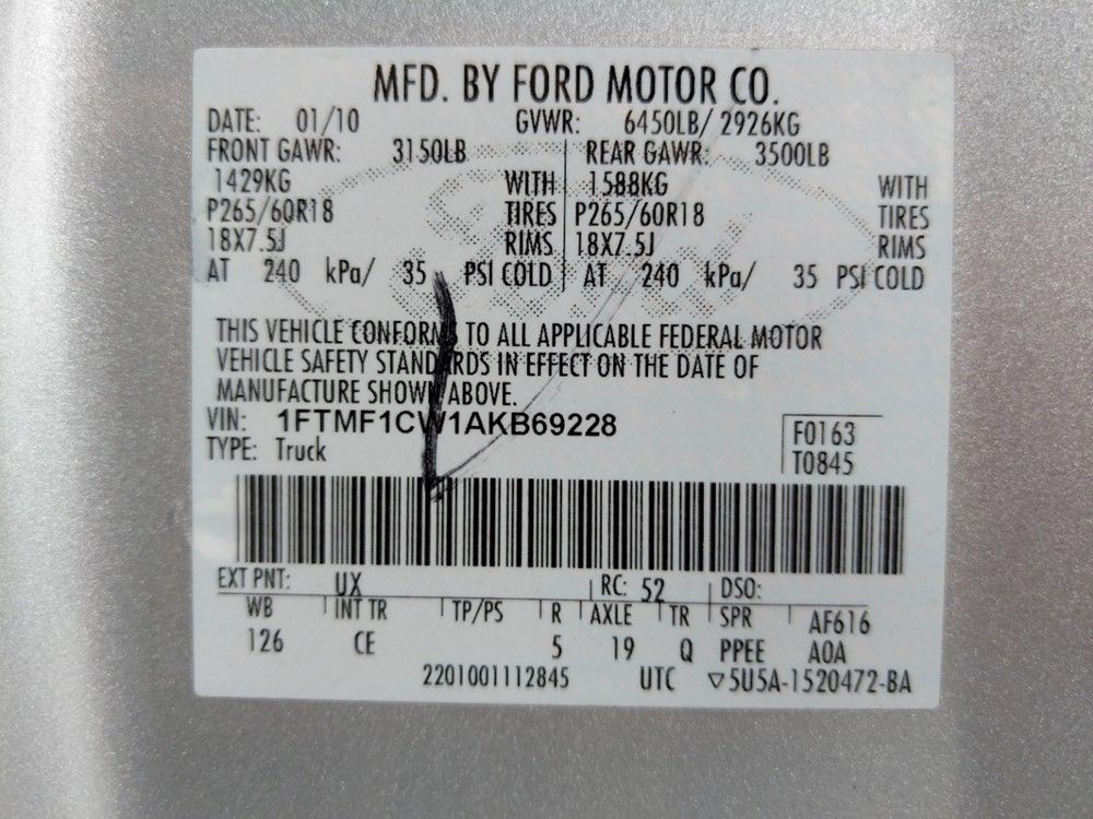 2010 Ford F-150 - VIN Plate