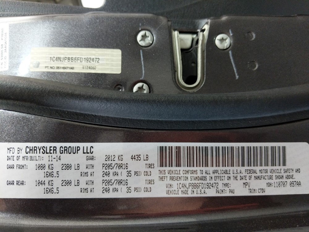 2015 Jeep Patriot - VIN Plate