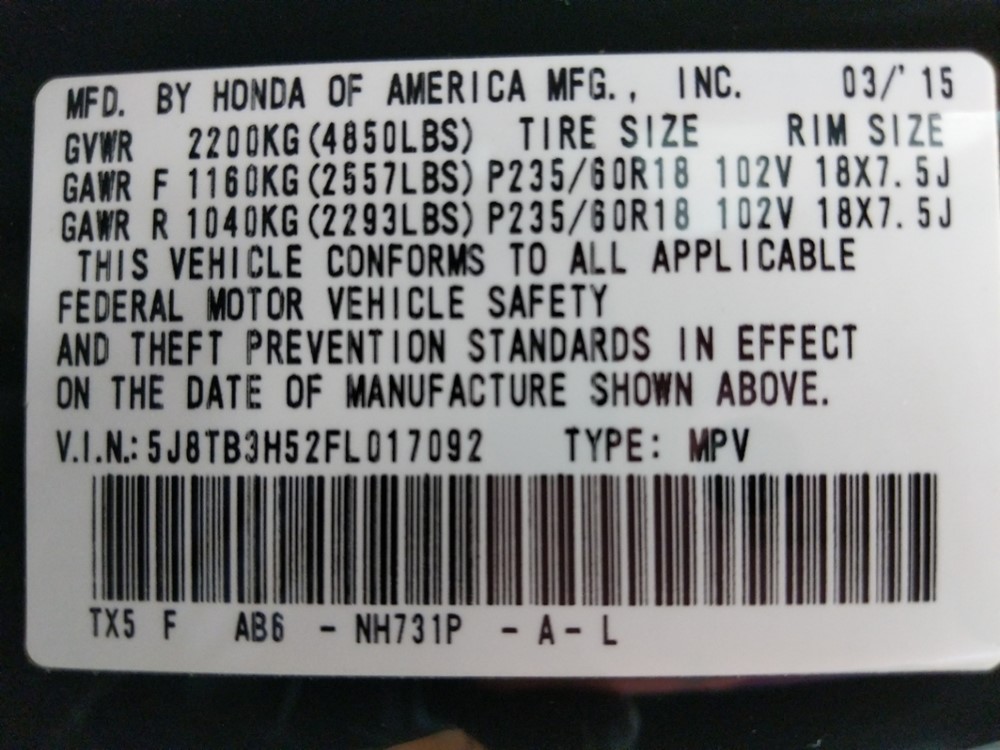 2015 Acura RDX - VIN Plate