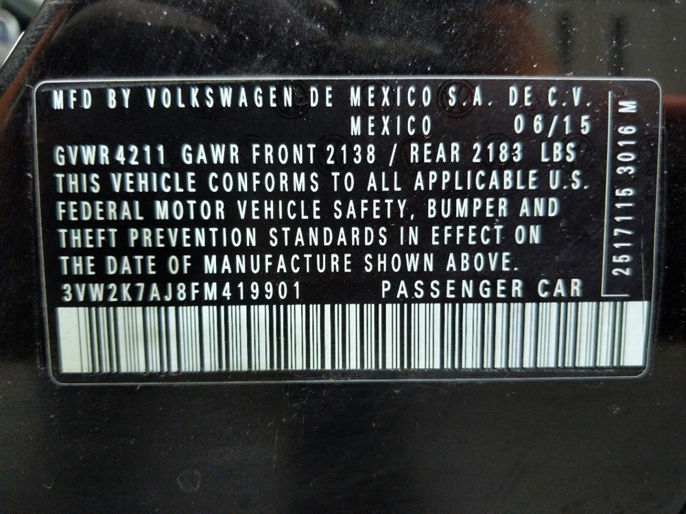 2015 Volkswagen Jetta - VIN Plate