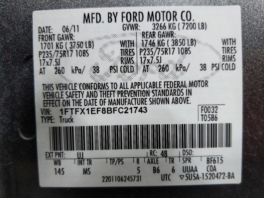 2011 Ford F-150 - VIN Plate