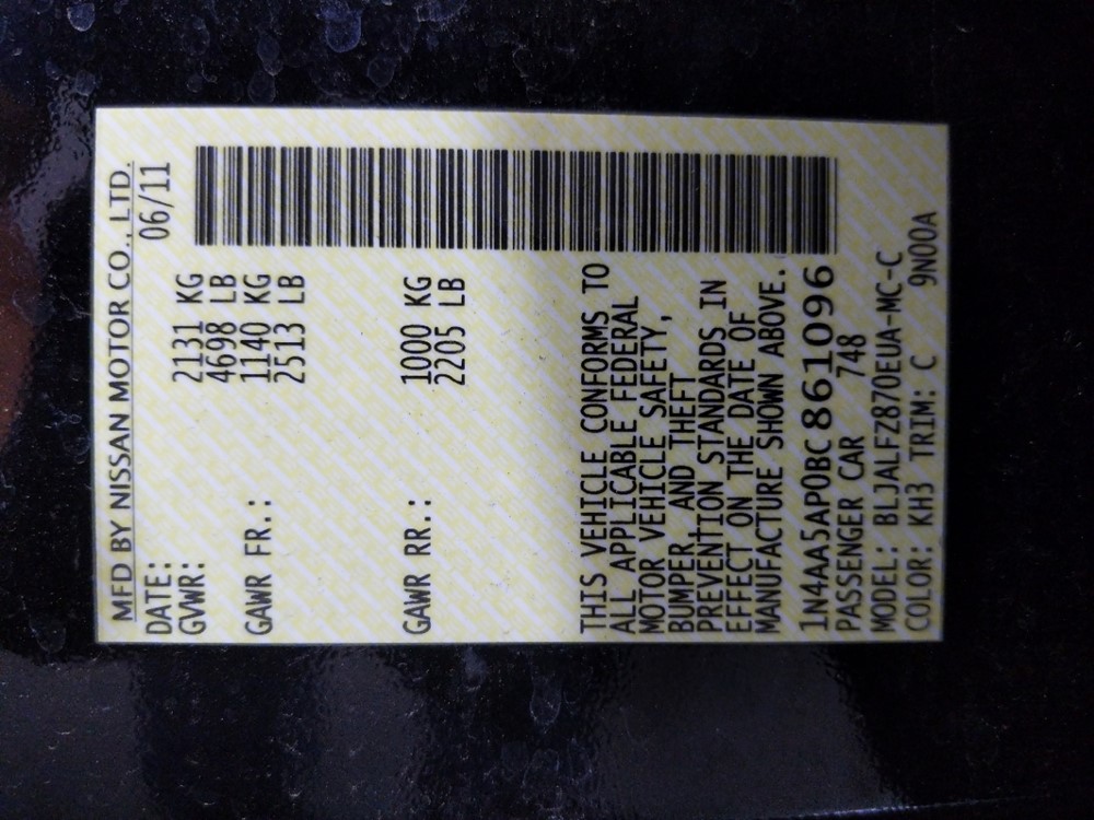 2011 Nissan Maxima - VIN Plate