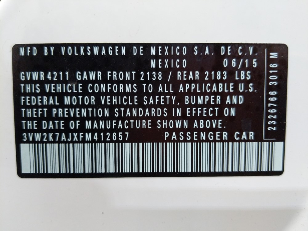 2015 Volkswagen Jetta - VIN Plate