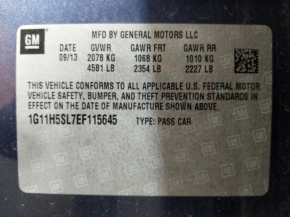 2014 Chevrolet Malibu - VIN Plate