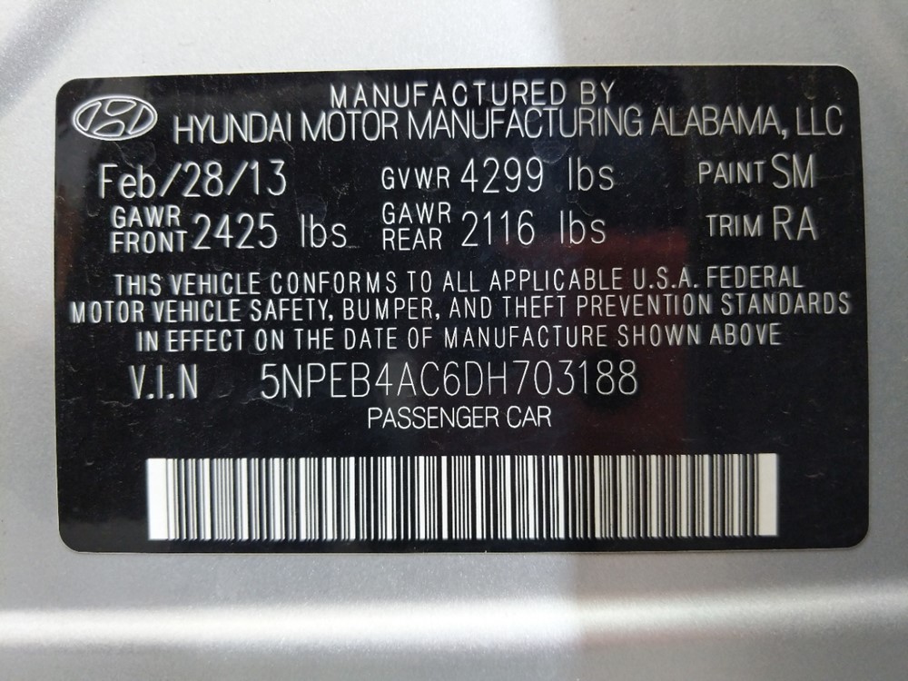 2013 Hyundai Sonata - VIN Plate
