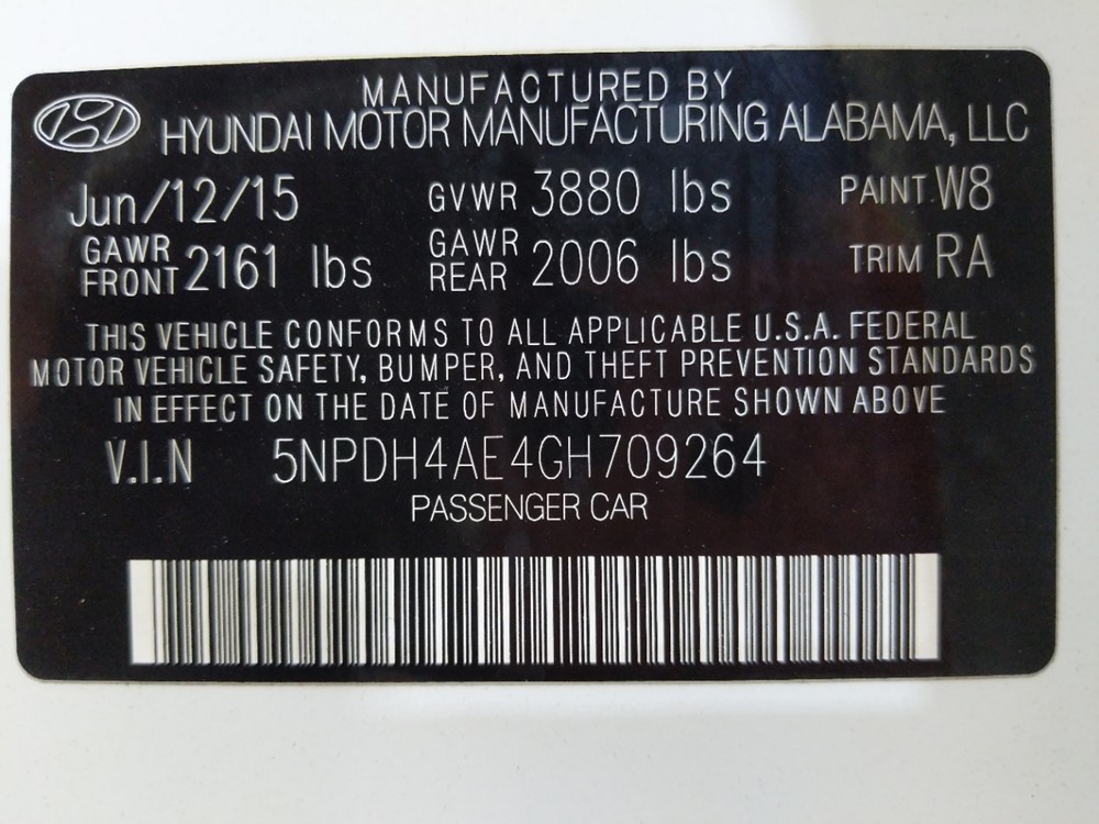 2016 Hyundai Elantra - VIN Plate