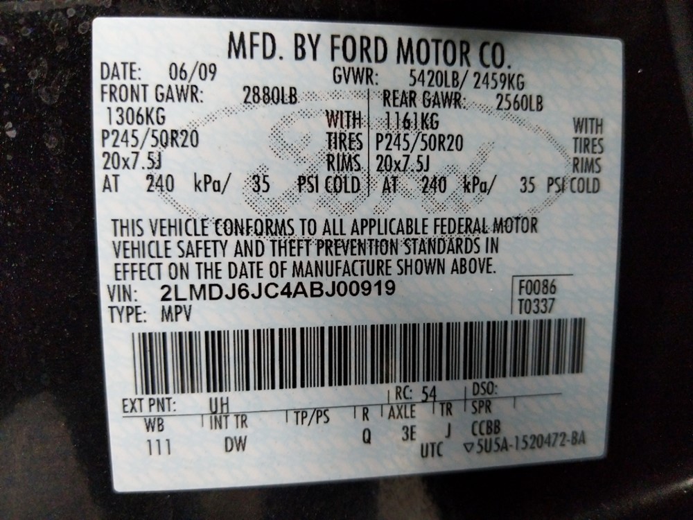 2010 Lincoln MKX - VIN Plate