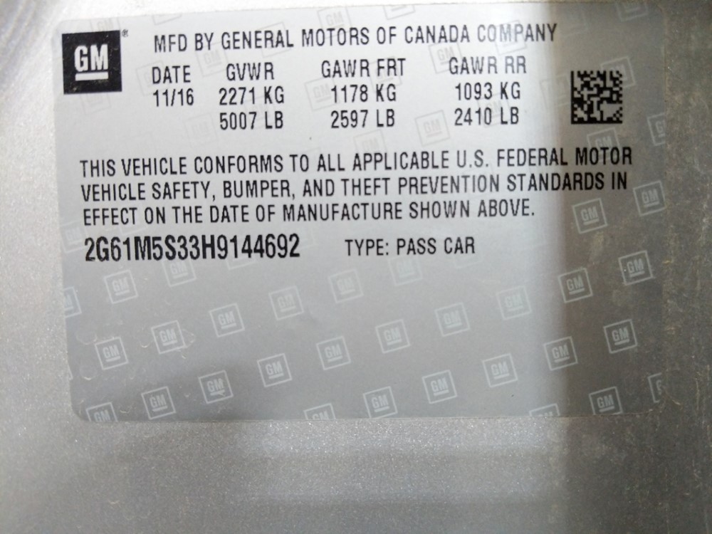 2017 Cadillac XTS - VIN Plate