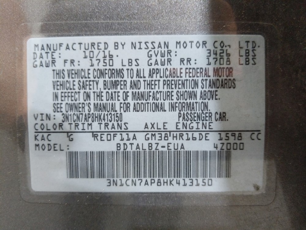 2017 Nissan Versa - VIN Plate