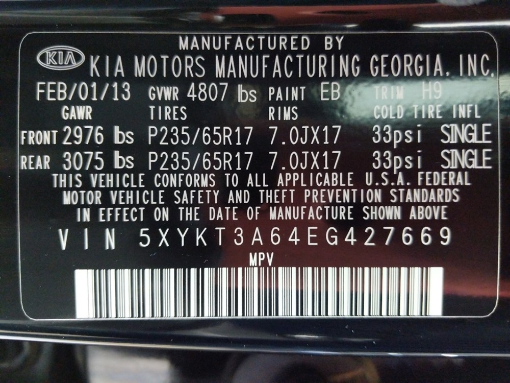 2014 Kia Sorento - VIN Plate