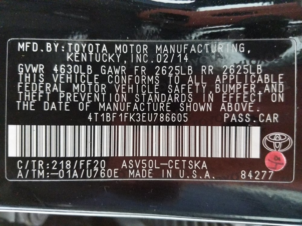 2014 Toyota Camry - VIN Plate
