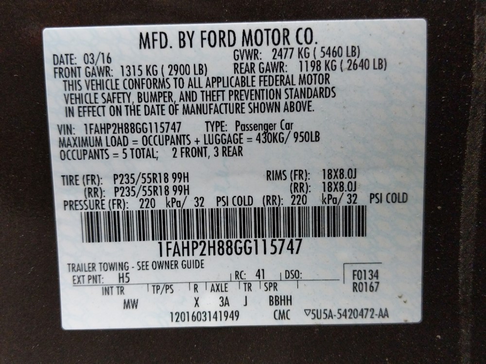 2016 Ford Taurus - VIN Plate
