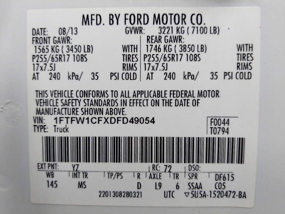 2013 Ford F-150 - VIN Plate