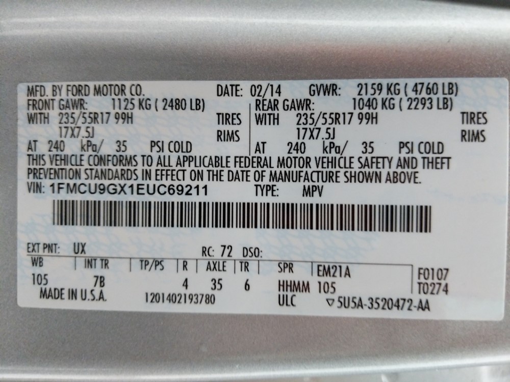 2014 Ford Escape - VIN Plate