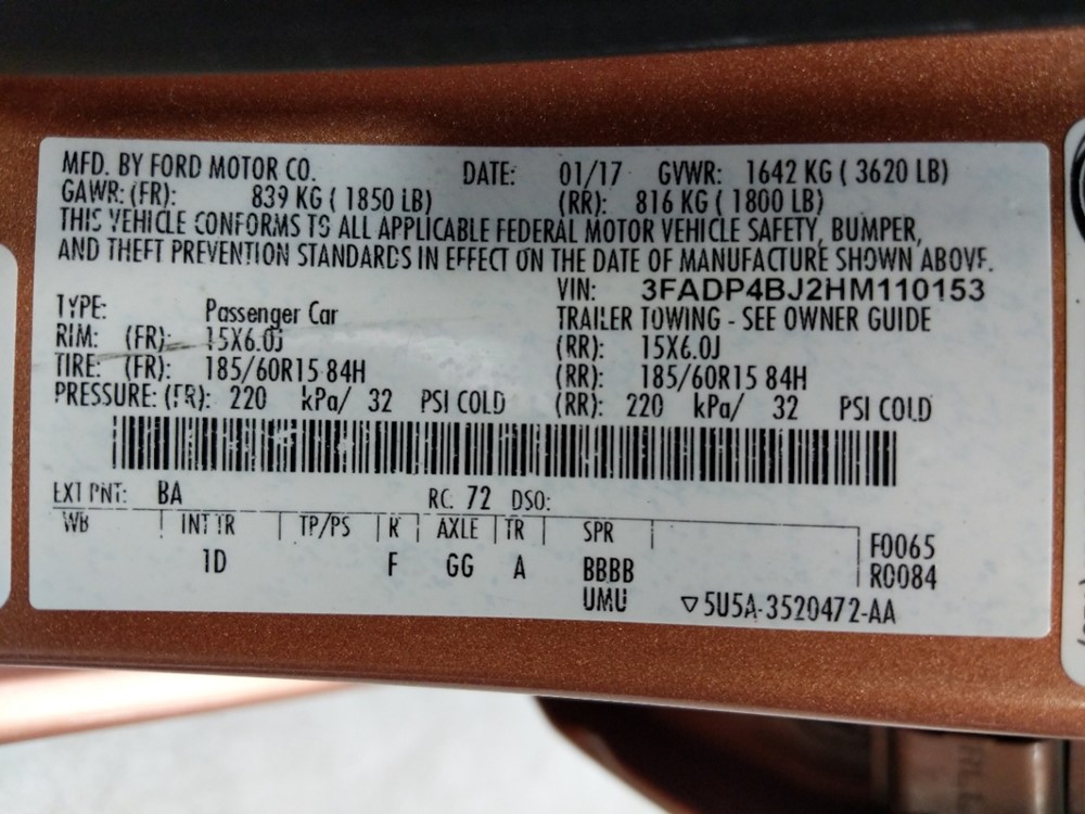 2017 Ford Fiesta - VIN Plate