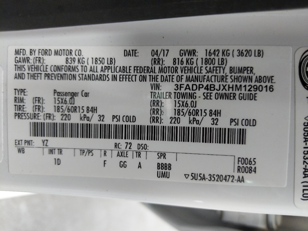 2017 Ford Fiesta - VIN Plate