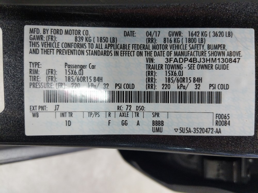 2017 Ford Fiesta - VIN Plate