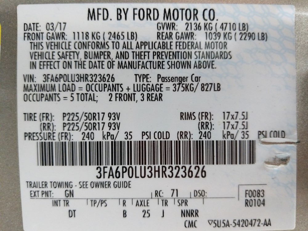 2017 Ford Fusion - VIN Plate