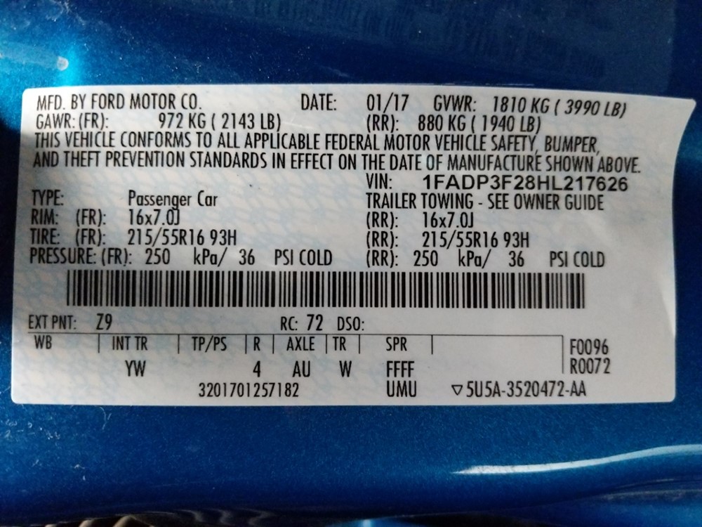 2017 Ford Focus - VIN Plate
