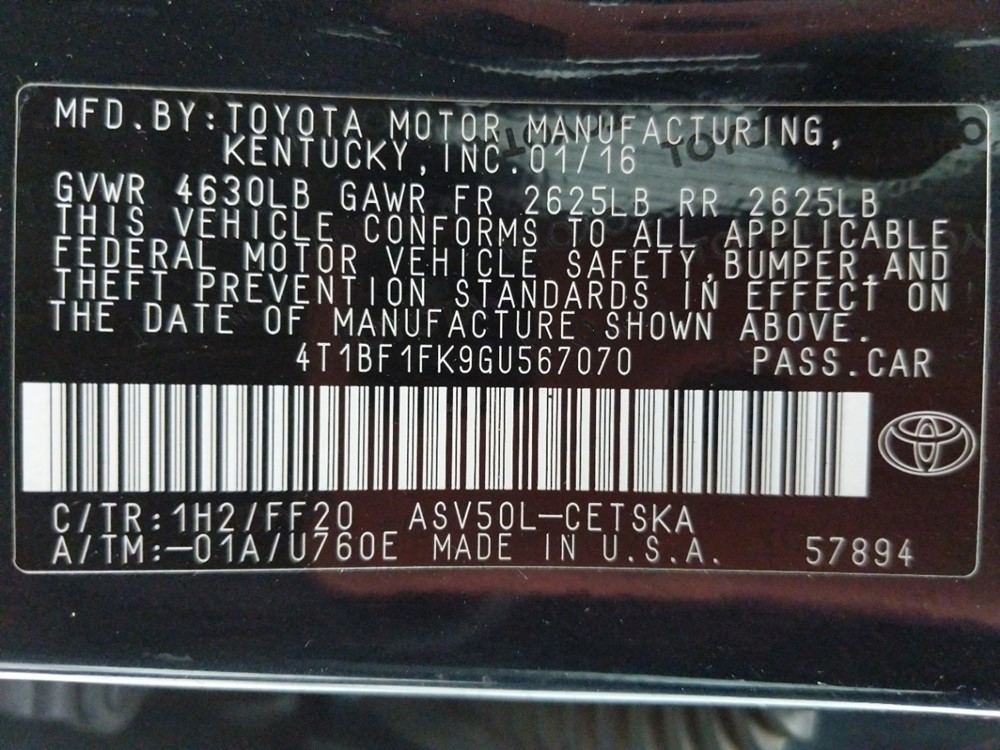 2016 Toyota Camry - VIN Plate