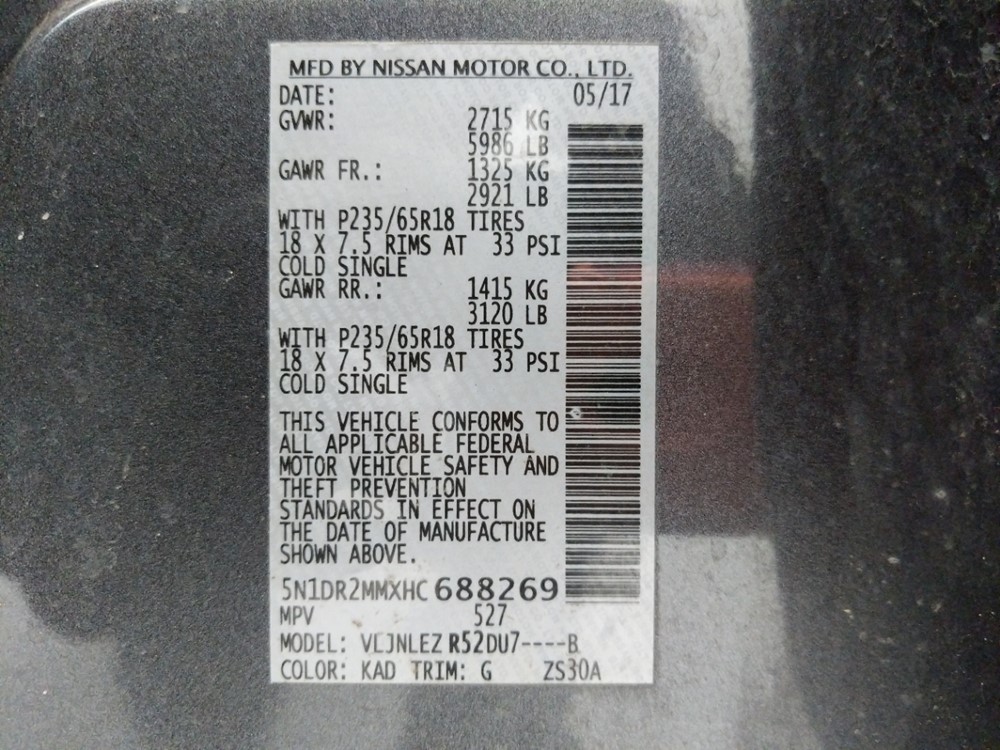 2017 Nissan Pathfinder - VIN Plate
