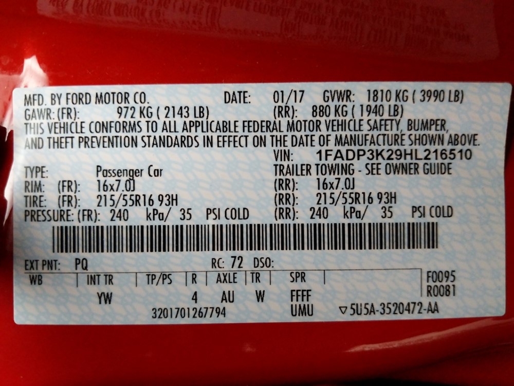 2017 Ford Focus - VIN Plate