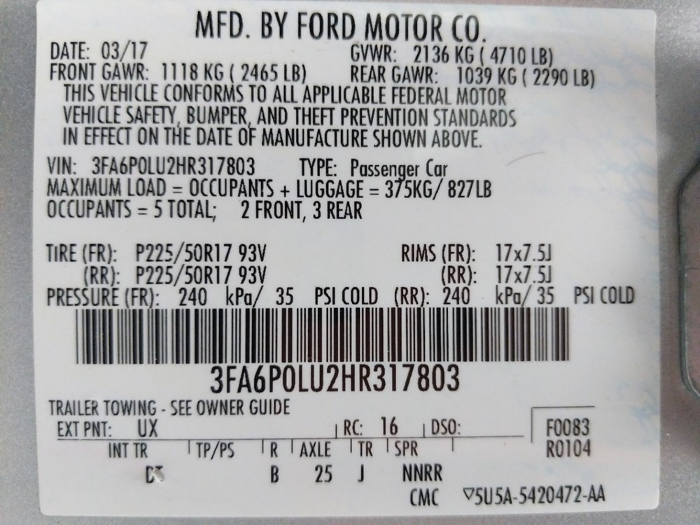 2017 Ford Fusion - VIN Plate