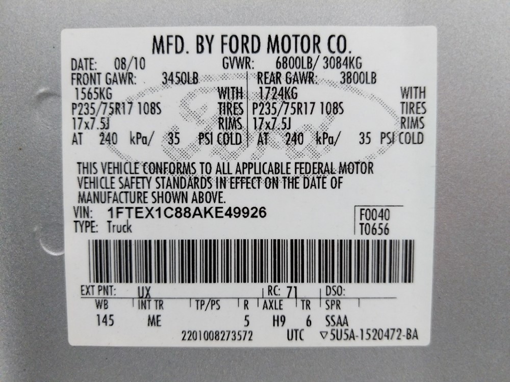 2010 Ford F-150 - VIN Plate