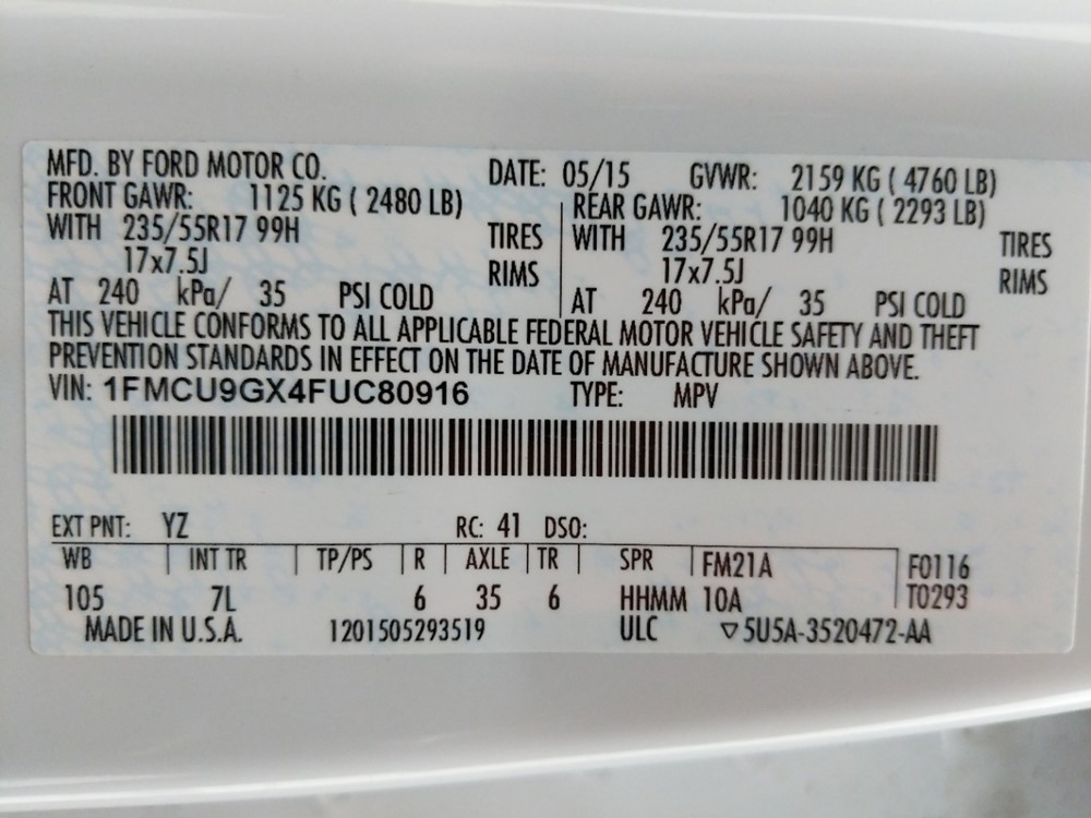 2015 Ford Escape - VIN Plate