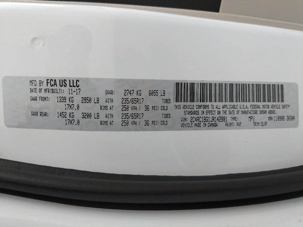 2018 Chrysler Pacifica - VIN Plate