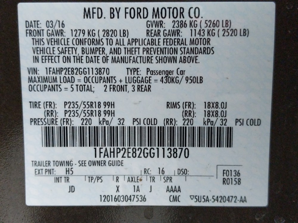 2016 Ford Taurus - VIN Plate