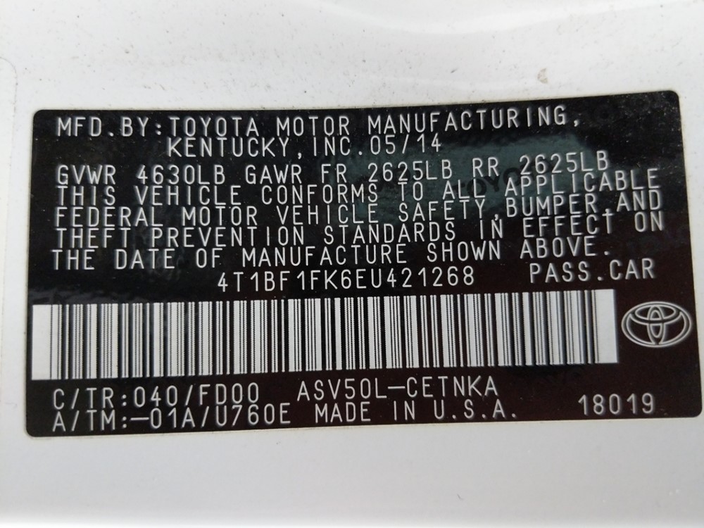 2014 Toyota Camry - VIN Plate