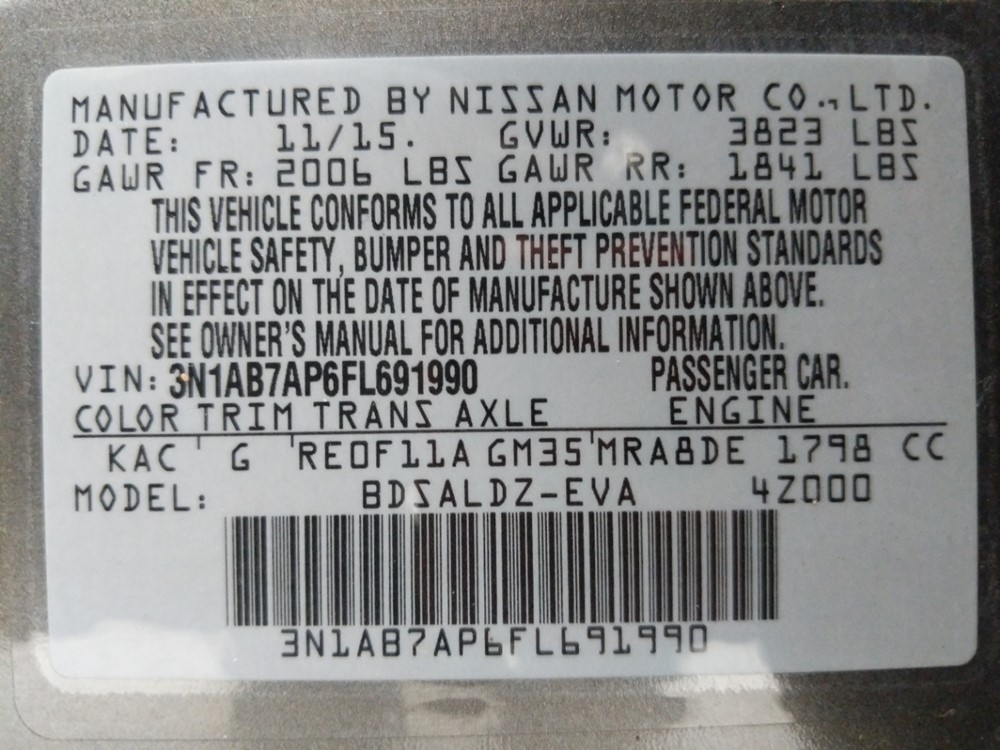 2015 Nissan Sentra - VIN Plate