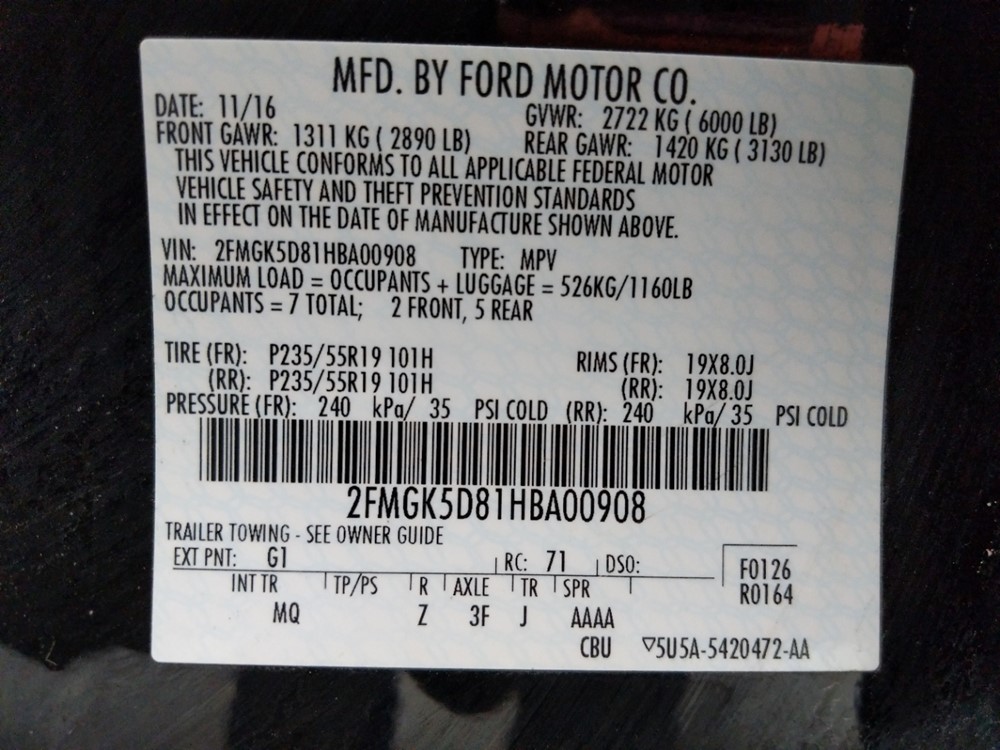 2017 Ford Flex - VIN Plate