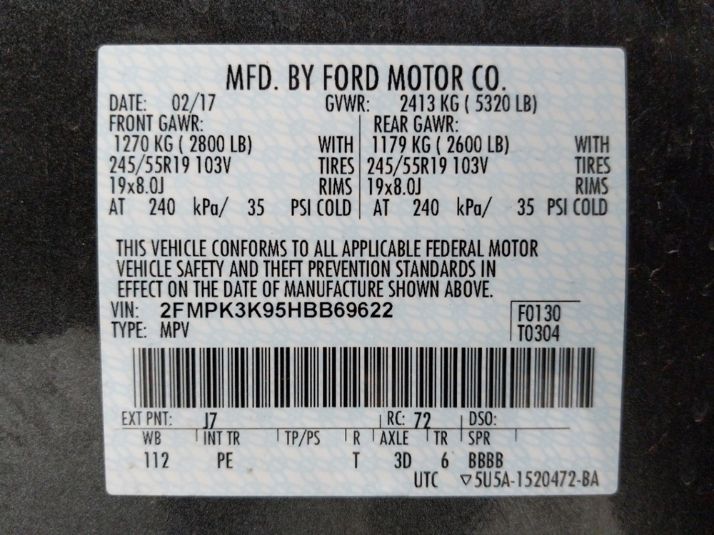 2017 Ford Edge - VIN Plate