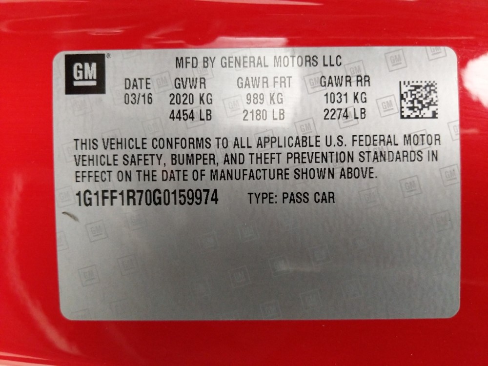 2016 Chevrolet Camaro - VIN Plate