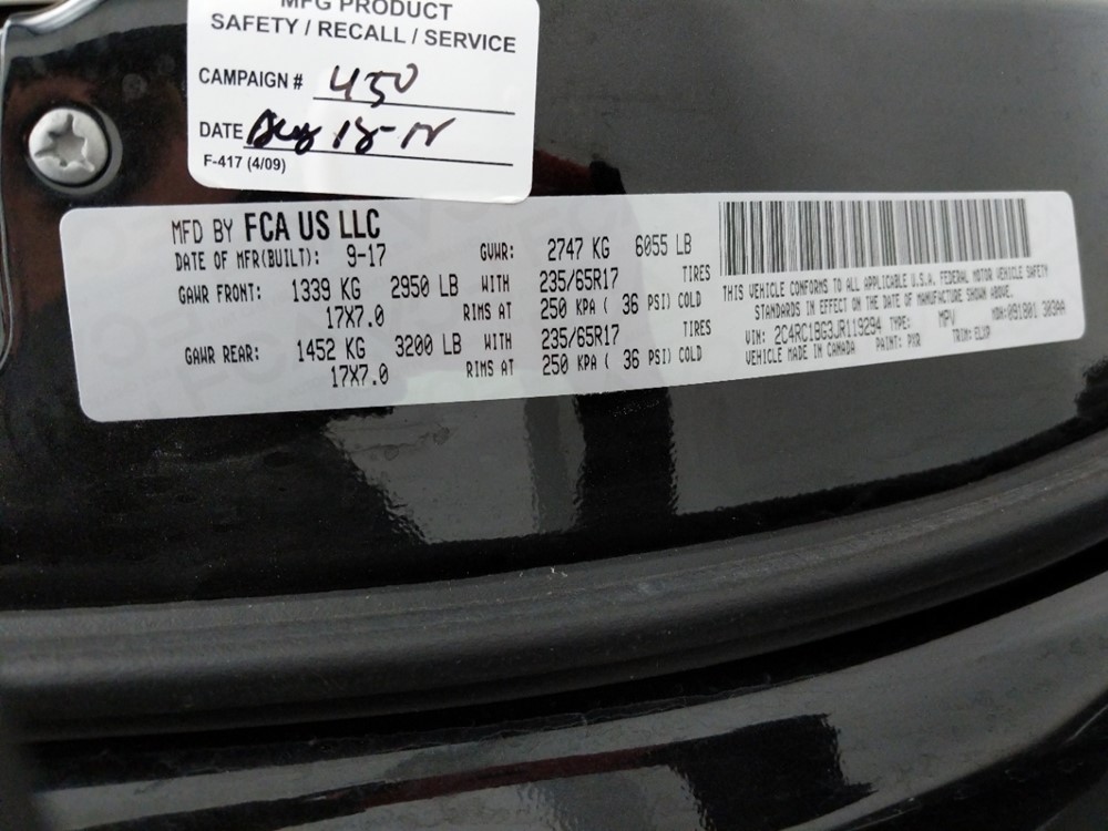 2018 Chrysler Pacifica - VIN Plate