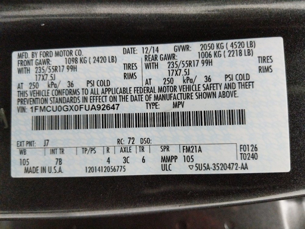 2015 Ford Escape - VIN Plate