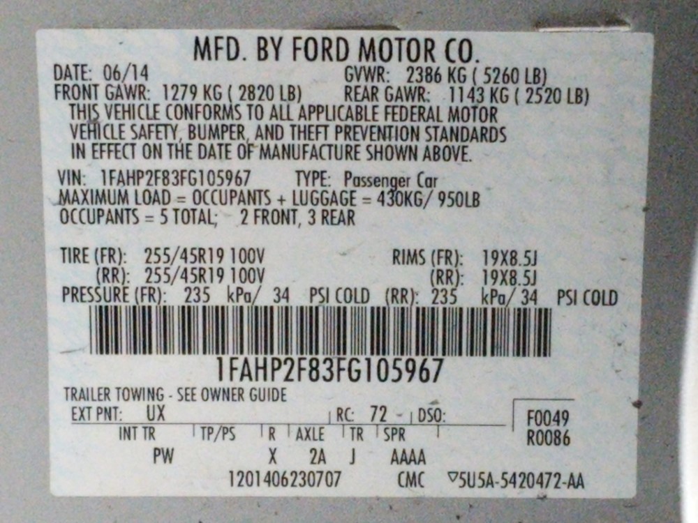 2015 Ford Taurus - VIN Plate