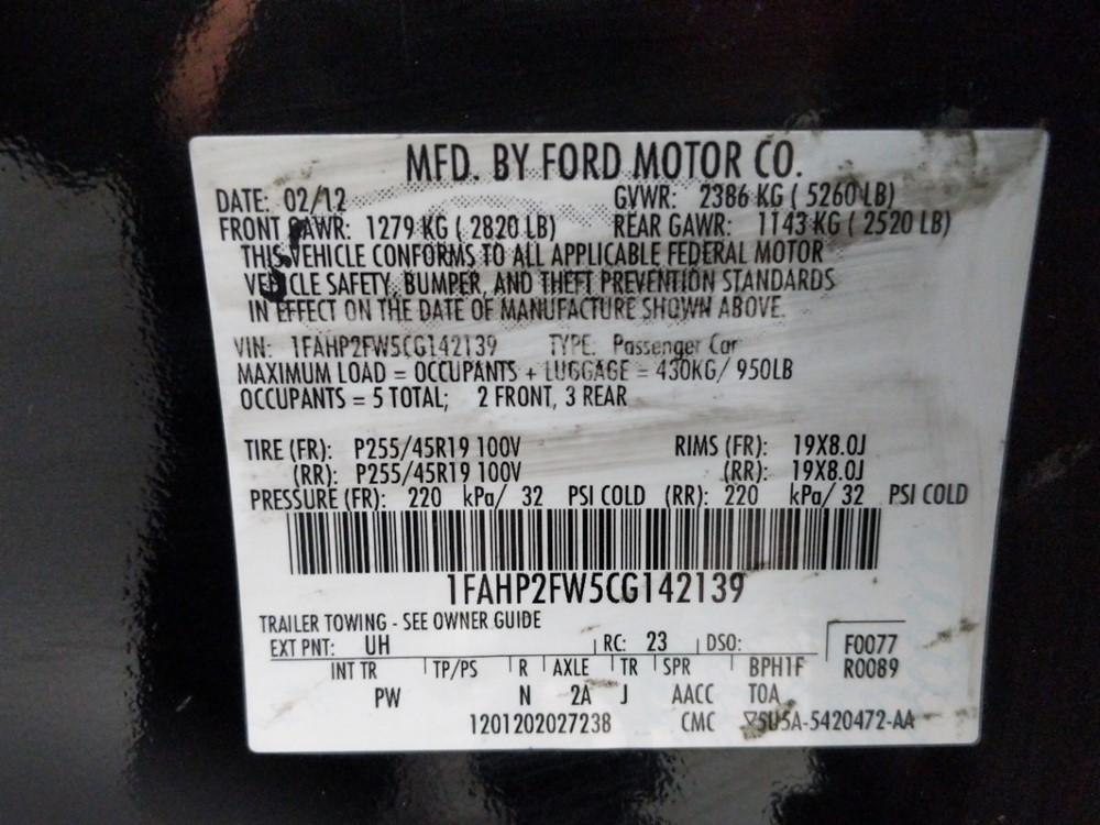 2012 Ford Taurus - VIN Plate