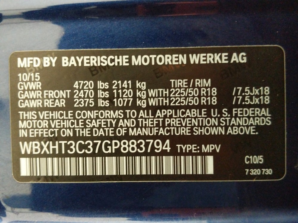 2016 BMW X1 - VIN Plate
