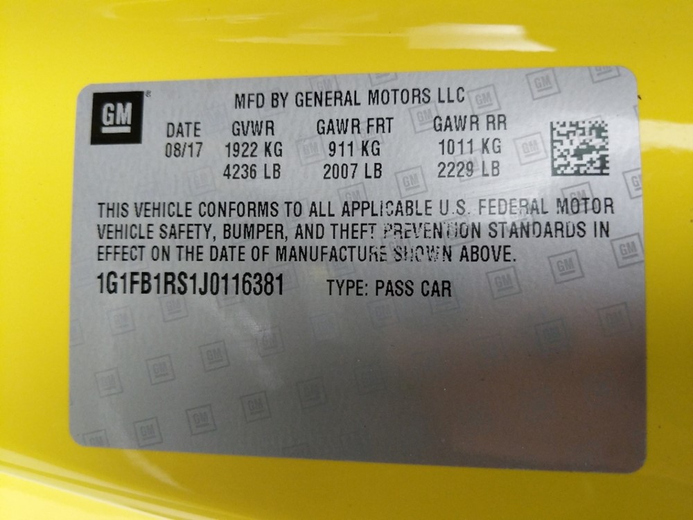 2018 Chevrolet Camaro - VIN Plate