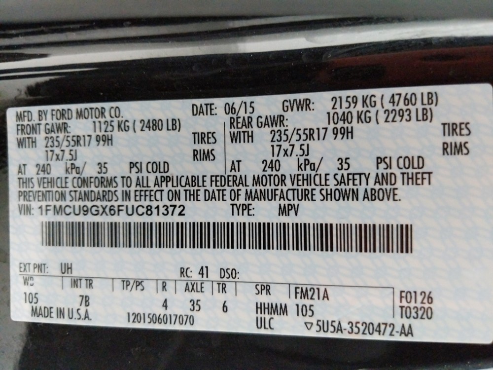 2015 Ford Escape - VIN Plate