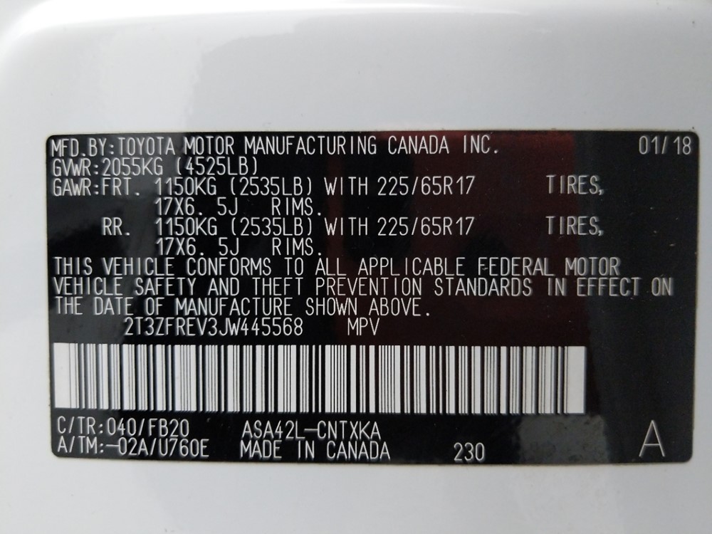 2018 Toyota RAV4 - VIN Plate