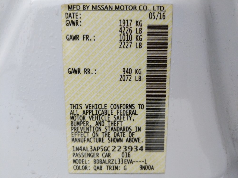 2016 Nissan Altima - VIN Plate