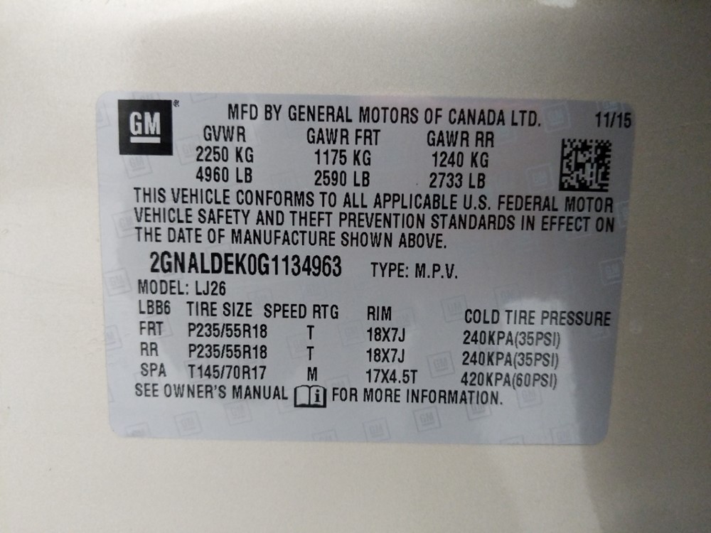 2016 Chevrolet Equinox - VIN Plate
