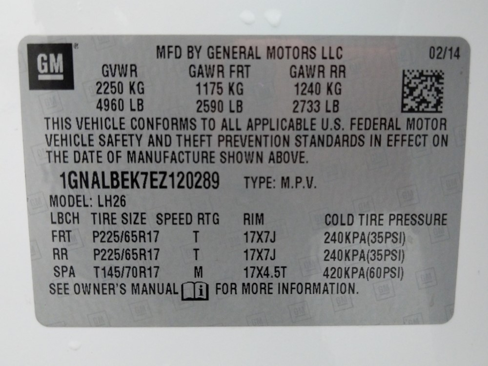 2014 Chevrolet Equinox - VIN Plate