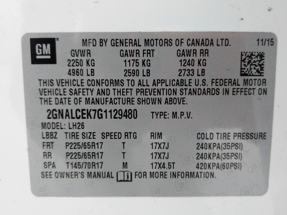 2016 Chevrolet Equinox - VIN Plate